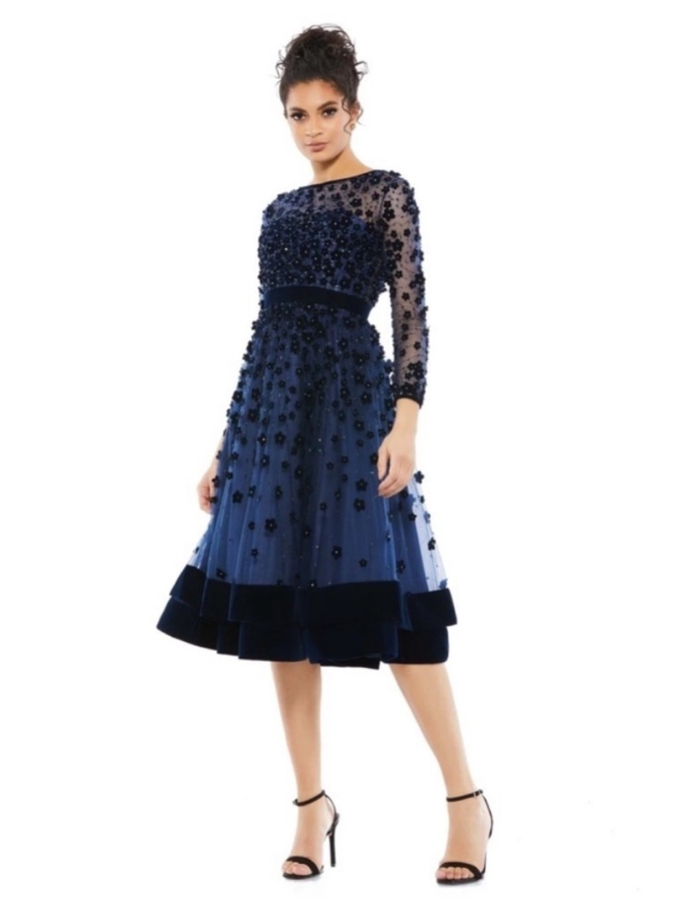 Mac Duggal 67007 Embellished Illusion High Neck Long Sleeve Midi Dress 12 NWT